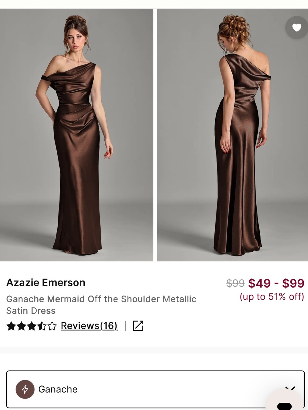Azazie Ganache One-Shoulder Metallic Satin Gown - Brown